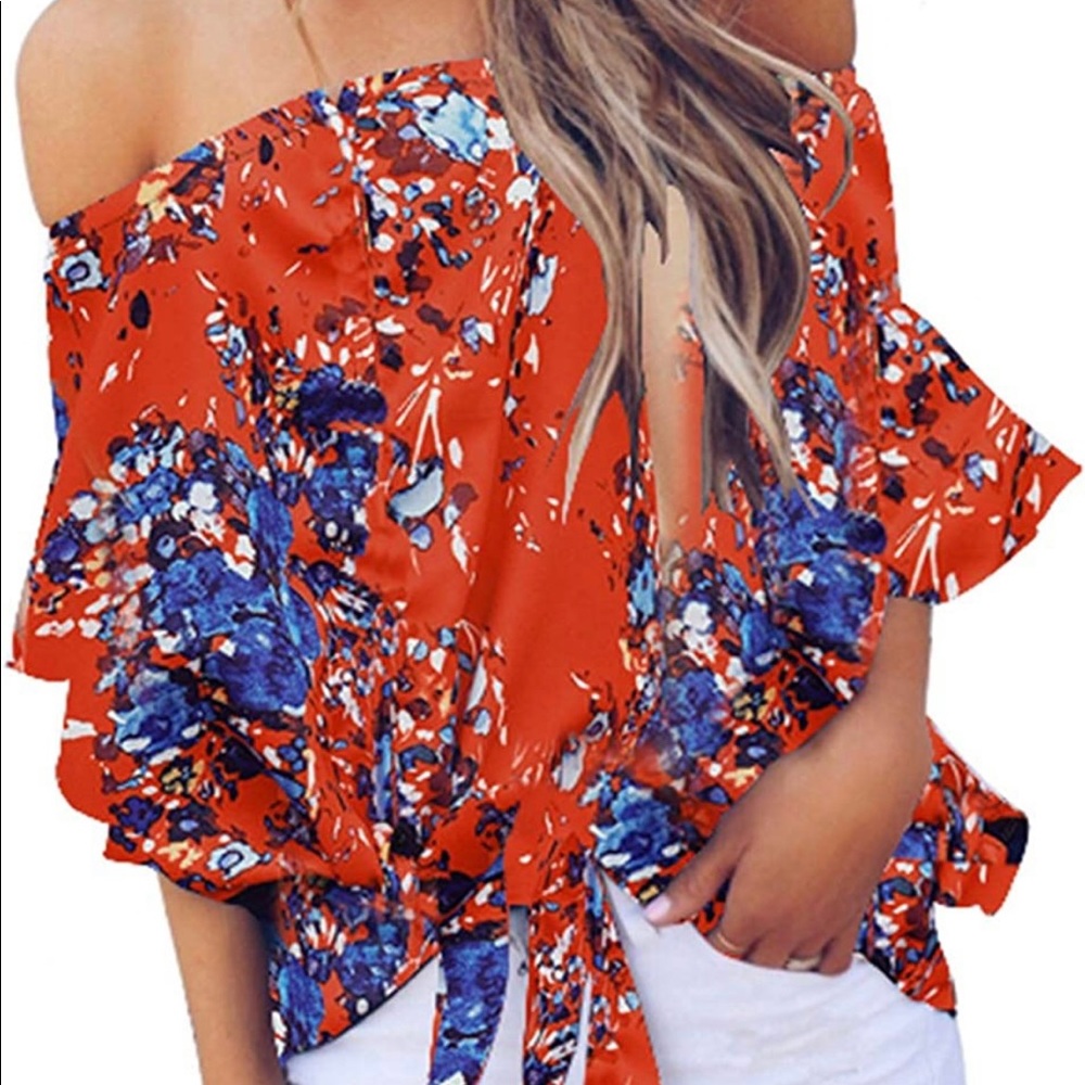 Red and blue off the shoulder flowy sleeve front tie blouse